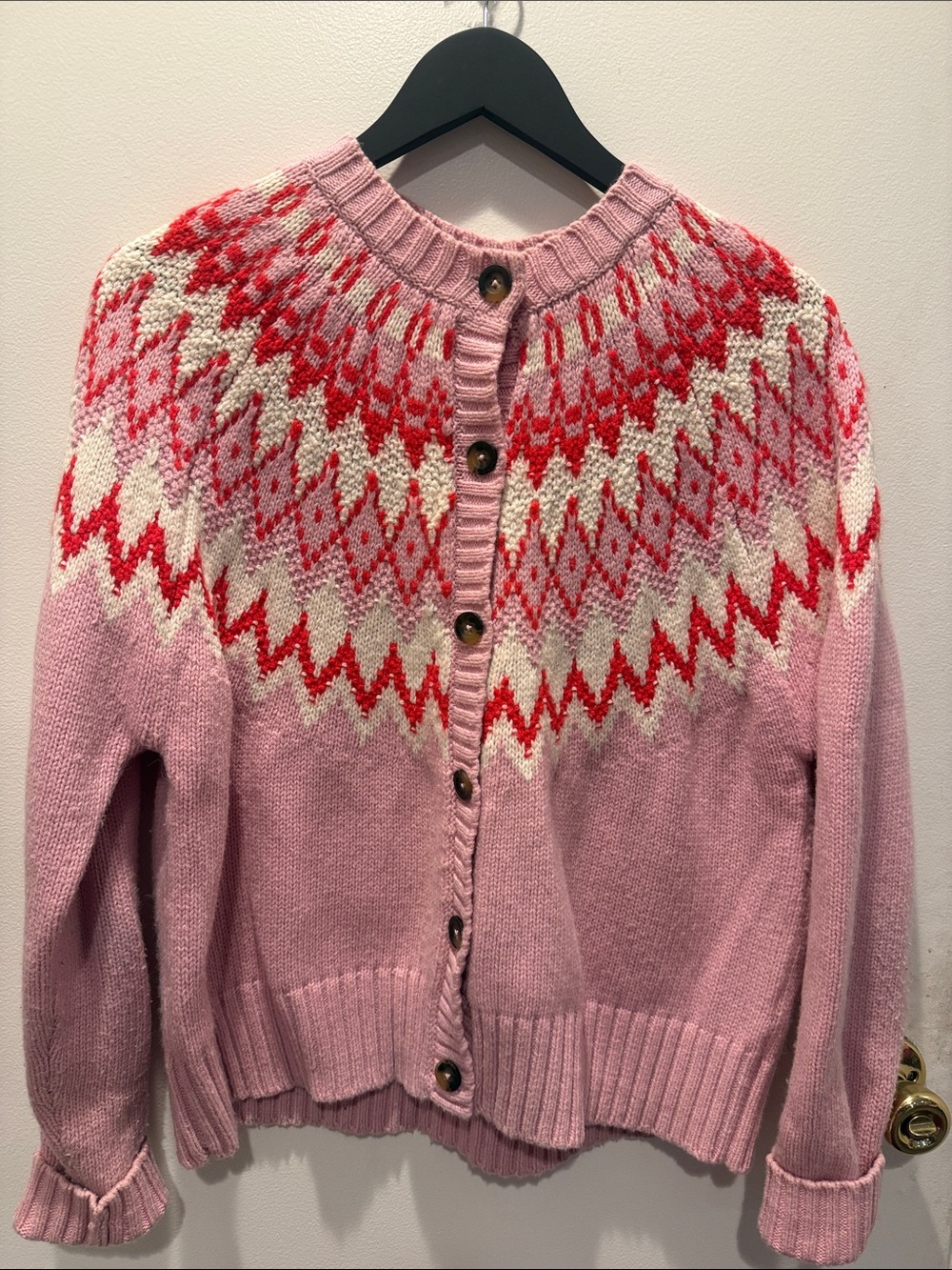 Boden Pink Fair Isle Button-Front Cardigan with Red Accents